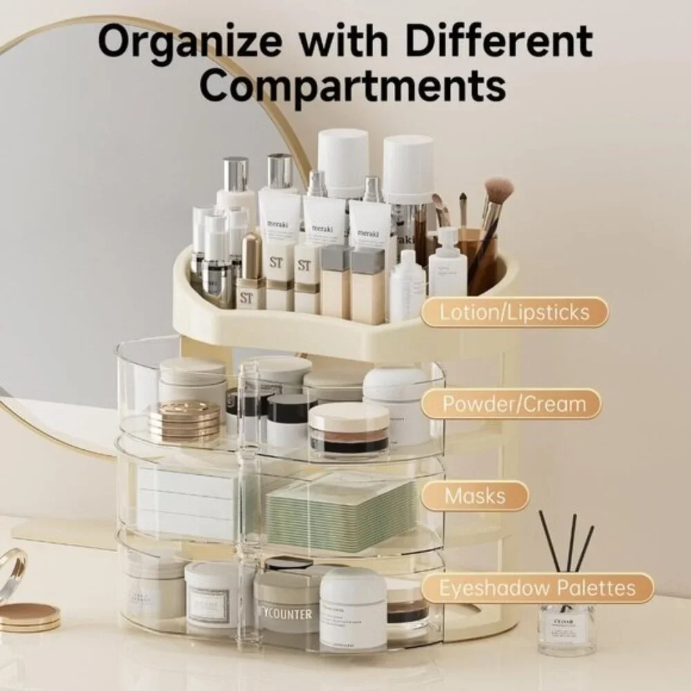 New 360° Rotating Makeup Organizer, Vanity Countertop with 2 Spacious Drawers